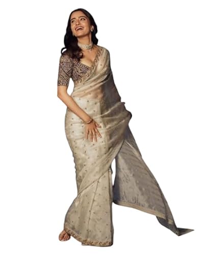 KF KRITVA FASHION Zari Embroidery Saree With Unstitched Fancy Work Blouse Piece Saree For Women (Golden)