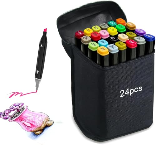 Niwlix Dual Tip Alcohol Markers Colorful Art Markers Sketch Pens 24 Colours With Carrying Case For painting Sketching Calligraphy Drawing- Twin Head Permanet Colouring Marker Pens For Kids Adult,