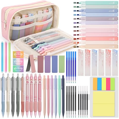 DazSpirit 61 Stück Schulzubehör mit Mäppchen, 12 Textmarker Pastell, 4 Radierbarer Stifte, 5 Gel Stifte, 6 Druckbleistifte, Back To School Stuff, Office Essentials, Schreibwaren Set für Schüler (Rosa)