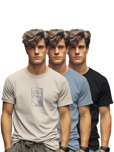 BULLMER Trendy Printed Cotton Blend Crew Neck/Round Neck Half Sleeve Regular Fit, Shirt Tshirt For Men - Pack Of 3_Beige / Bluish Grey/Black_Medium