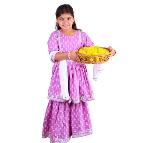 Baal Leela Ethnic Wear For Baby Girls Kurta Sharara Set | Anarkali Style Top & Garara Bottom with Dupatta in Jamuni Block Print & Gotta Work | Traditional Girl Dress for Wedding & Festival (4-5 Years)