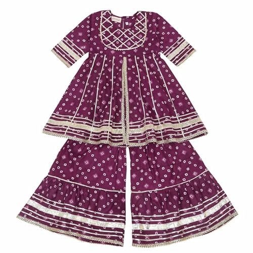 LITTLE GINNIE Cotton Kurta Sharara Set for Girls 6-7 Years - Ethnic Suit with Round Neck Style - Purple