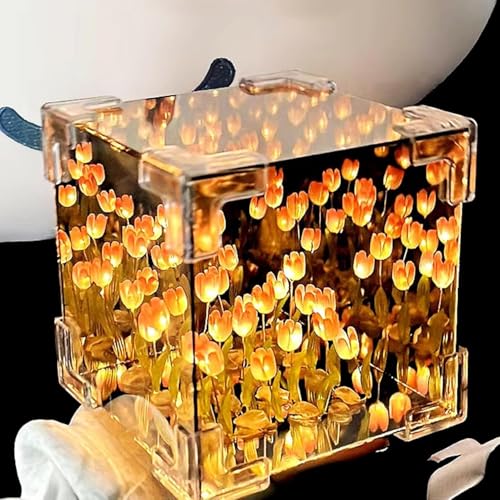 Zephorus DIY - Do It Yourself - Tulip Cube Mirror Lamp, 30 Flowers LED Decorative Lamp, 2 in 1 Mirror & Table Ornaments for Bedroom Livingroom Desktop Decor Birthday Gift