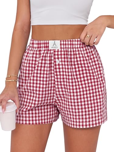 ANRABESS Boxer Shorts for Women Gingham Pajama 2025 Summer Casual Lounge Sleep Plaid Shorts Y2K Beach Bottoms Red White Plaid Medium