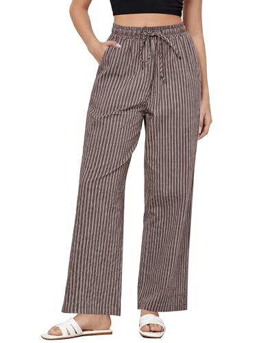 GRAPENT Women's Elastic Waist Pants Linen Blend Pull On Pants Women Brown White Stripe Size Large US 12 to 14