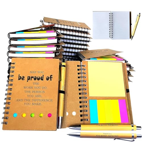 30 Sets Employee Appreciation Inspirational Spiral Notebook Journal with Sticky Note Notepad Motivational Bamboo Ballpoint Pen Bulk for Nurse Teacher Student Coworker Thank You Present (Brown 30Set)