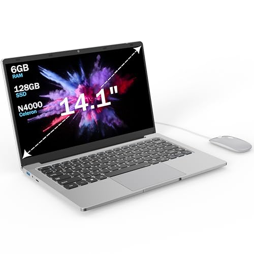 Laptop Computer Celeron N4000 Dual Core,14 inch laptop 6GB RAM 128GB SSD,Supports 2.4G/5G WiFi,Fan-less design Portable Laptop,W 11pro,Bluetooth 5.0,USB 3.0 ports,Mini-HDMI,Ethernet Adapter