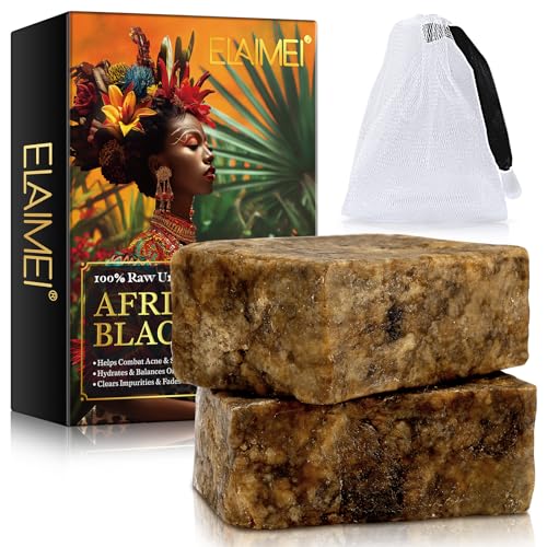 100g Raw African Black Soap Face Body Wash, with Shea Butter -Raw Unrifined, 100% Handmade - Hydrates & Balance Oily Skin, Clear Impurities, Fades Dark Spots - Vitamin E, Sodium - 2pc