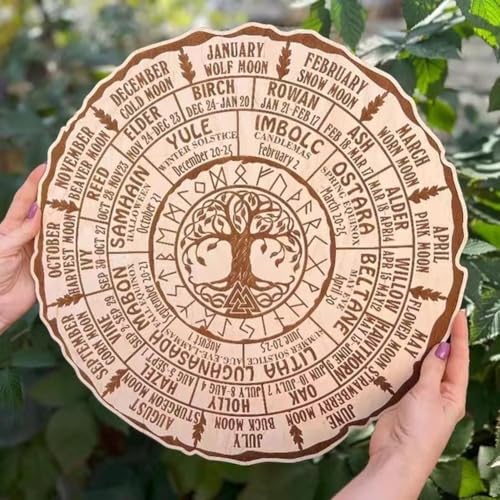Wheel Of The Year Wood Sign,Pagan Witch Sign Trees Of Life Calendar,Wooden Altar Celestial Sign,Round Wooden Sign Retro Wall Decor,Vintage Handmade Christmas Sign Decor,For Wiccan Holidays