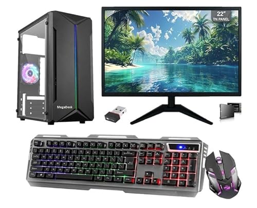 MegaDesk All-in-One Desktop Computer Set, i7 4th Gen, 16 GB RAM, 256 GB SSD, 1 TB HDD, 22" HD LED Monitor, RGB Keyboard & Mouse, WiFi, Windows 10 Pro, MS Office (16-256-1TB)
