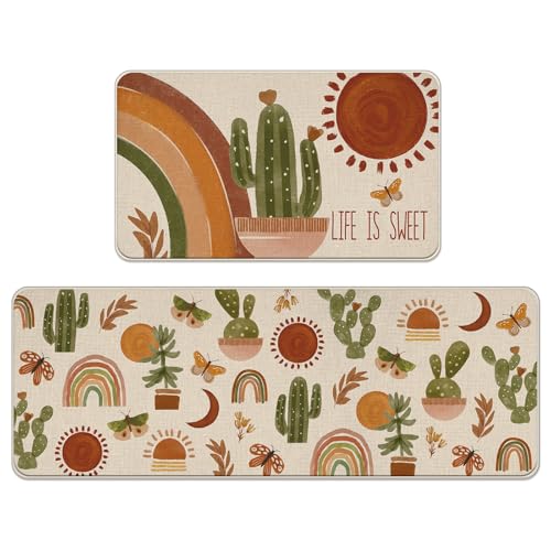 Tailus Boho Cactus Rainbow Kitchen Rugs Set of 2, Life is Sweet Bohemian Cacti Sun Moon Kitchen Mats Decor, Summer Butterfly Plant Floor Door Mat Home Decorations - 17x29 and 17x47 Inch