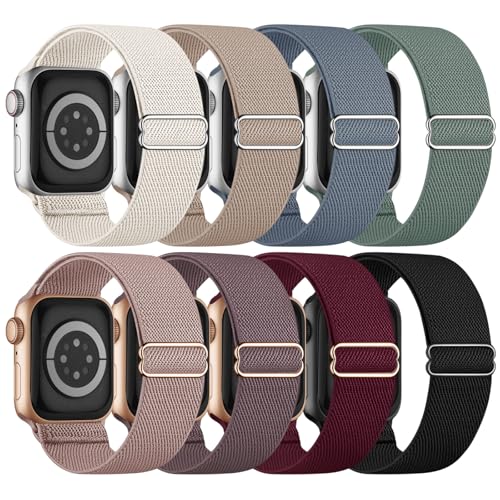 8 Pack Stretchy Solo Loop Band Compatible with Apple Watch Bands for Women Men 40mm 38mm 41mm 42mm 44mm 45mm 46mm 49mm, Nylon Braided Elastic Strap for iWatch Series 10 9 8 7 6 SE 5 4 3 Ultra Ultra 2