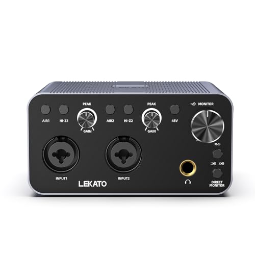 LEKATO 2i2 USB-Audio-Interface, 24-bit/192kHz Audio Interface mit XLR, 48V Phantomspeisung für Smartphone Computer Recording, Streaming, Gitarre, Musikproduktion, Podcast