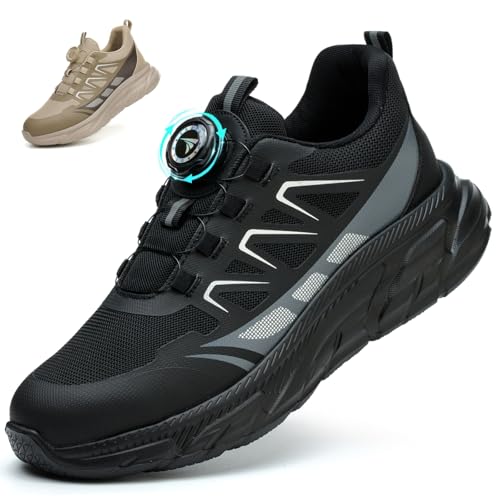 RASEARY Safety Trainers Men Womens Lightweight Steel Toe Cap Trainers Non Slip Work Safety Shoes Puncture Proof Work Trainers Breathable Industrial Work Shoes with Swivel Buckle Shoelaces，Black UK 9