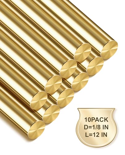 LRVOJUY 10-Pack Solid Brass Rods, 1/8 x 12 Inch Brass Rod, Premium Brass Round Stock, Precision-Cut with Polished Finish, Ideal for Knife Handle Pins, Machining, Crafts, and DIY Projects