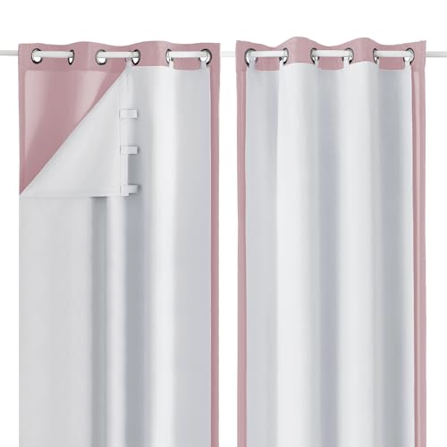 Simplebrand 100% Blackout Curtain Liner for Living Room, Thermal Insulated Blackout Liners for 84 Inch Behind Curtains, 2 Liners Per Set with 14 Pieces Rings, Each 40" W x 80" L, Greyish White