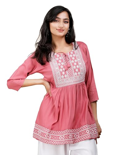 STRISWAG Short Kurti for Women | Indian Tunic Tops for Women | Indian Ethnic Tunic Top | Embroidered Tops 3/4 Sleeve Top Camellia Rose
