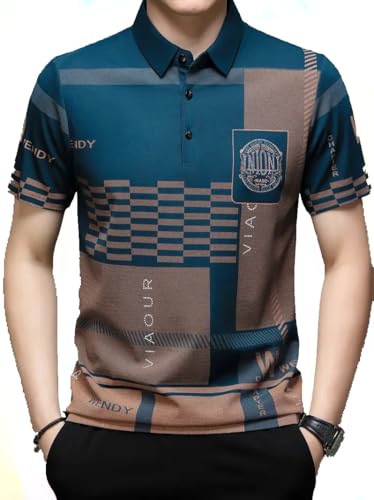 Cotton Men's Irregular Geometric Pattern And Alphabet Print Sports Collar Tshirt (Rizim Temu Print Polo-Blue-L, Polo)