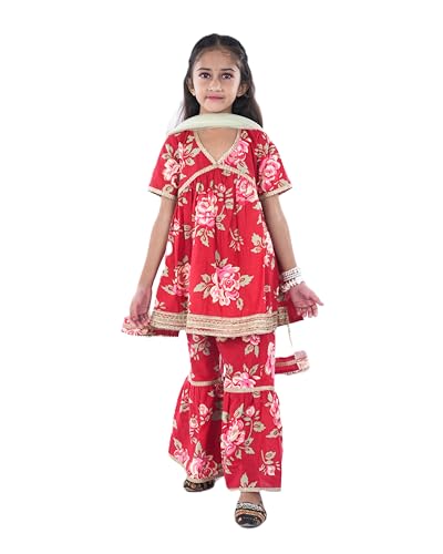 FabJunior Girl's Cotton Flex Floral Print Regular Fit Party & Festive Anarkali/Flared Kurta, Sharara & Dupatta Set_FJG1058-24_Red_5-6 Years