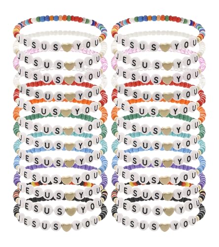 Taouzi 24Pcs Jesus Loves You Bracelets Bulk Handmade Beads Jesus Friendship Bracelets Religious Jesus Loves You Jewelry Accessories Christmas Easter Gift (Rainbow Beaded)