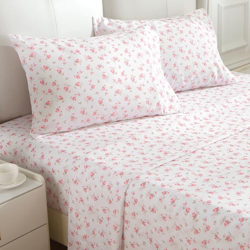 MUXHOMO Queen Size 4 Piece Sheet Set, Soft Breathable Bed Sheet Set for Bedroom with Deep Pocket Up to 16", Wrinkle-Free & Cooling Bedding for Oeko-TEX Certified - Blossoms Pink