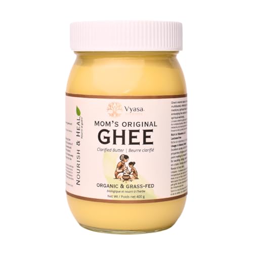 Vyasa Ayurveda Mom's Original Ghee | Organic & Grass Fed | Delicious Flavor | Creamy Consistency | Mom's Traditional Secret Recipe | | High Smoke Point | Source of Vitamins A & D | Pure, Nutrient-rich, High-Heat Cooking | 100% Canadian
