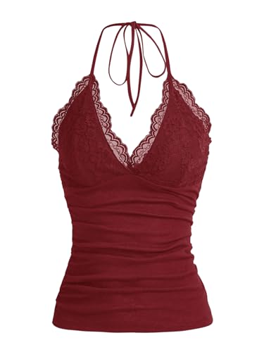 GORGLITTER Damen Y2k Camisole Trägertop Crop Top Neckholder Oberteil Halter Tops mit Kontrast Spitze Bordeaux S