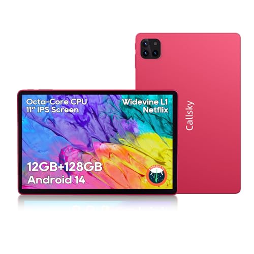 Android Tablets, 11 inch Octa-Core Processor Tablet with 2 Years Protection, 128GB Storage,12GB RAM, 6ft Charging Cable, 8000mAh Battery, Reinforced Type-C Port, Quad-Speaker, Pink