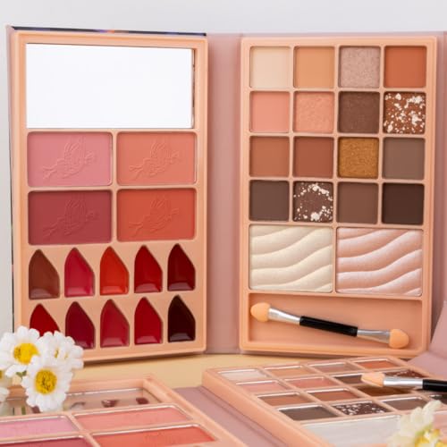 KARLOR All-in-1 make-up palette, 32 colors with brush, 16 matte & shimmer eye shadows 2 highlighters 4 blush 10 lip gloss, nude eye shadow brown warm color palette portable beginner make-up Kit