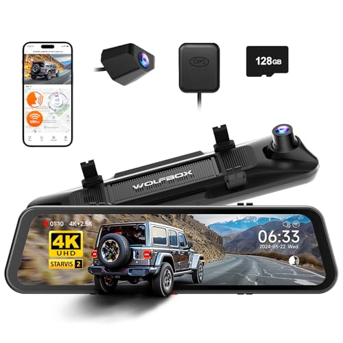WOLFBOX G900 PRO Mirror Dash Cam with STARVIS 2 IMX678, 12 inches Rear View Mirror Camera with Front 4K and Rear 2.5K, Included 128GB Card, Voice Control, 5.8GHz WiFi, Reverse Assist, G-Sensor & GPS