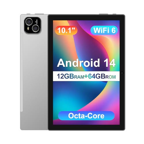ATMPC Tablet 10 inch Android 14 Tablet with Octa Core Processor 12GB RAM 128GB ROM 1TB Expandable 1280x800 IPS Touchscreen, 6000mAh Battery, WiFi 6, BT 5.4, Dual Camera (Sliver)