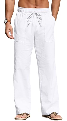 Sailwind Men's Casual Linen Pants Beach Summer Elastic Waist Drawstring Pants Lightweight Linen Trousers White