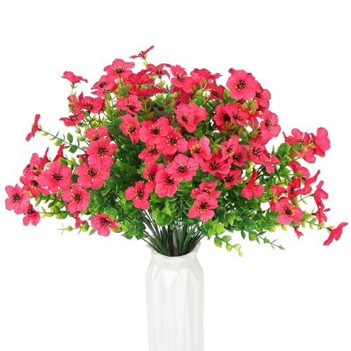 HBell 12 Bundles Outdoor Artificial Flowers UV Resistant Fake Boxwood Plants,Faux Plastic Greenery for Indoor Outside Hanging Plants Garden Porch Window Box Home Wedding Decor (Rose Red)