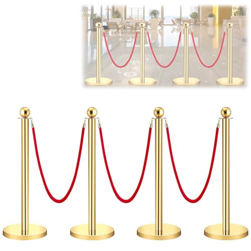BBTEQEKN 4Pcs Stainless Steel Stanchion Post Queue, Crowd Control Barriers with 3Pcs 5FT Red Velvet Rope for Crowd Control, High-End Venues, Museums, Party Supplies