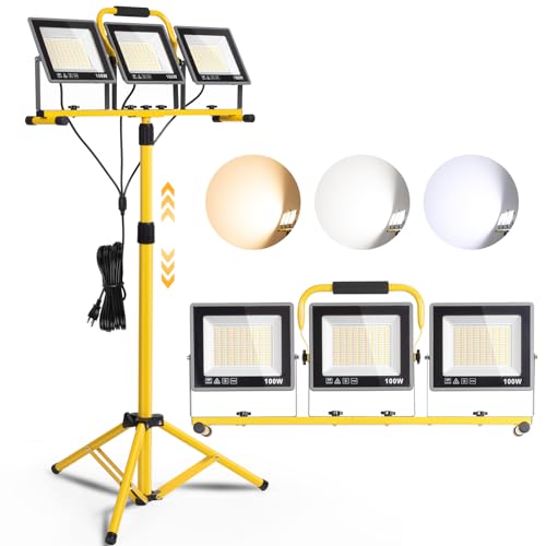 31000 Lumen LED Work Lights with Stand, Portable 3 Head Work Lights with Individual Switch (3000K/5000K/6500K Select) & 16.5FT Cord, IP66 Waterproof Foldable Tripod Stand Worklights for Outdoor Indoor