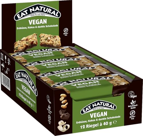 Eat Natural Frucht- & Nussriegel - Vegane Erdnüsse, Kokosnuss & Zartbitterschokolade - Vegan, glutenfreier Snack - Ideal für unterwegs. - 12x40 g