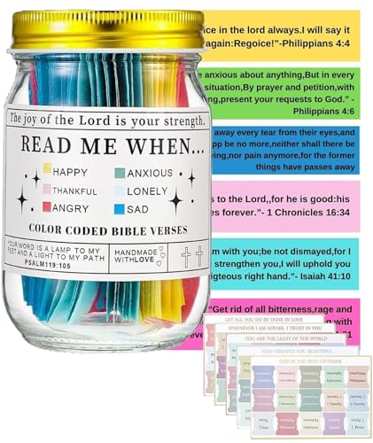 OXYGLOBE 65 Pcs Bible Verse Jar Set, Bible Verse Notes 2.76×4.7 Inch Jar With 60pcs Color-Coded Bible Verses Notes Hope Jar Bible Verses Christian Gifts Church Biblical Faith Gift