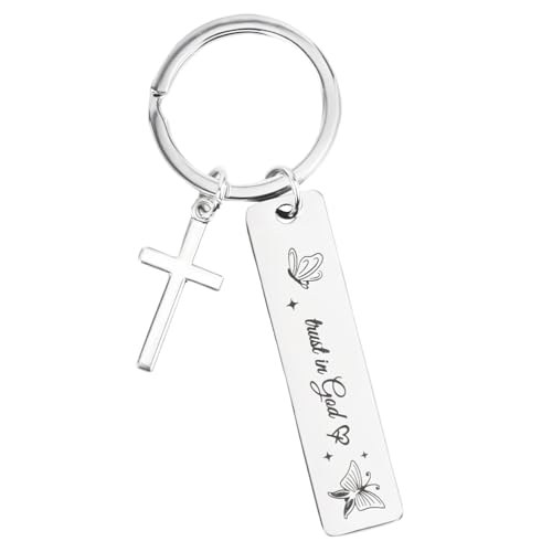 Christian Bible Verse Keychain, Stainless Steel Trust In God Key Chain with Cross Pendant Inspirational Scripture Keyring Religious Ideal Christian Keychain Gifts for Man & Woman