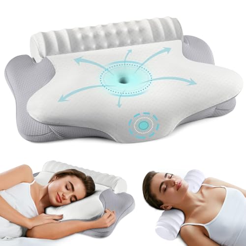onesmile Cervical and Roll Neck Pillow-2 in 1 Removable Ergonomic for Pain Relief, Support for Sleeping, Memory Foam for Side, Back & Stomach Sleepers (Grey)