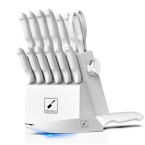 imarku Knife Set With Block, White Knife Set, Knife Block Set, 14pcs Stainless Steel Kitchen Knife Set, Kitchen Essentials for New Home, Apartment Essentials, Built-in Sharpener, Dishwasher Safe