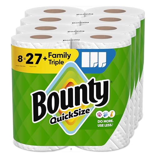 Bounty Quick-Size Paper Towels, White, 8 Family Triple Rolls = 27 Regular Rolls