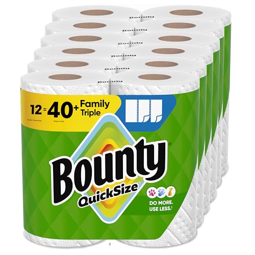 Bounty Quick-Size Paper Towels, White, 12 Family Triple Rolls = 40 Regular Rolls