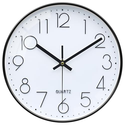 VIKMARI Wall Clock Silent Battery Operated Non-Ticking Big 3D Arab Numbers Round Wall Clock for Home/Office/School/Kitchen/Bedroom/Living Room,10inch Black