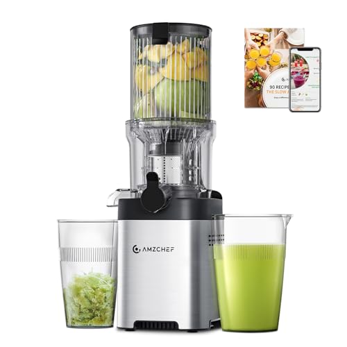 AMZCHEF Cold Press Juicer, Juicer Machines - 4.6" Large Feed Chute for Whole Fruits & Vegetables, Stainless Steel Slow Masticating Juicer Easy to Clean, Large Auger, Double Strainers, Silver