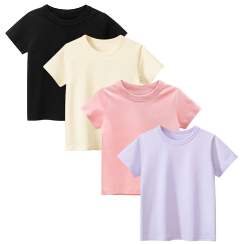 Winzik Girls Boys Short Sleeve Shirts Toddler Pink T Shirts 4 Pack Crewneck Tee T-Shirt Basic Tops Clothes 2-7T (18-24 Months, Black Beige Pink Purple)