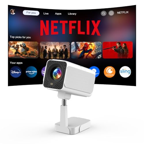 【Netflix Officially & Telescopic Stand】 Smart Projector with WiFi6 and Bluetooth, 【Electric Focus & Auto Keystone】, 1080P Mini Projector with 180° Adjustable Stand, One-Click Use YouTube/Disney+
