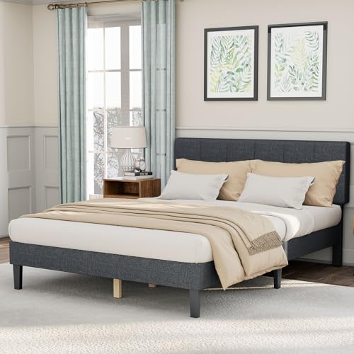 DUMOS Queen Bed Frame with Headboard, Wood Queen Platform Bed No Box Spring Needed, Fabric Upholstered Bed Frame with Adjustable Headboard, 800LBS Support,Noise Free, Dark Grey