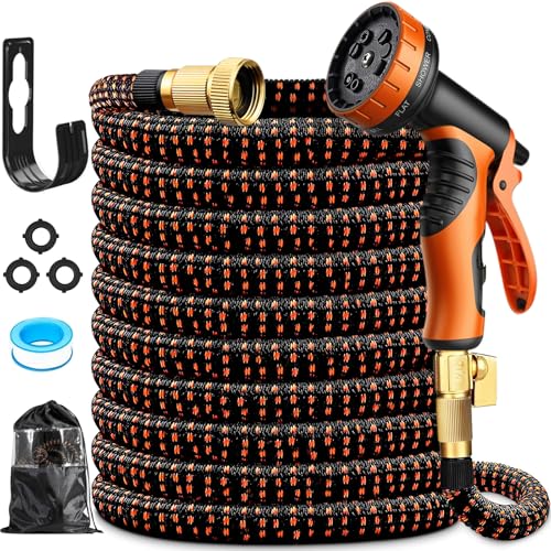 Expandable Garden Hose 100ft,Lightweight Retractable Water Hose with 10 Function Spray Nozzle,Flexible Hose Pipe with Hook and 3/4 Inch Solid Brass Fittings,Easy On/Off Valve, Kink-Free, Leak-Proof