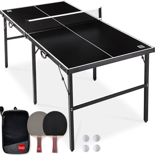 Best Choice Products 6x3ft Portable Ping Pong Table, Mid-Size Folding Indoor Outdoor Table Tennis w/ 2 Paddles, 4 Balls Included, Carrying Bag - Black