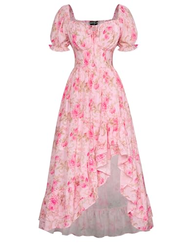 Damen Vintage Blumenkleider Rüschen Saum Puffärmel A-Linie Midi Casual Corsagenkleid Rosa XL